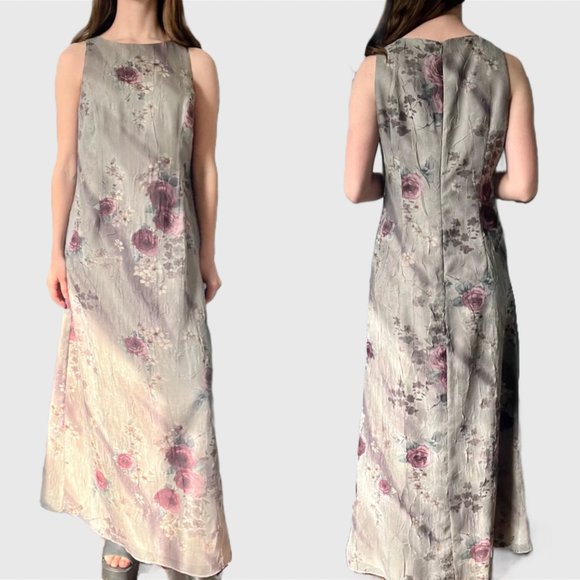 Vintage 90s Green Dress, 1990s Floral Maxi Dress - Picture 1 of 10